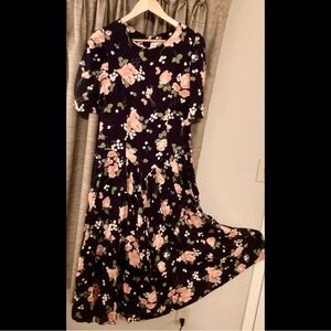 S M 1980s Princess Party Dress Black Floral Super Full Pointed Waist 30” Puff